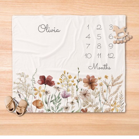 水彩ワイルドフラワーかわいらしマイルストーンベビー フリースブランケット