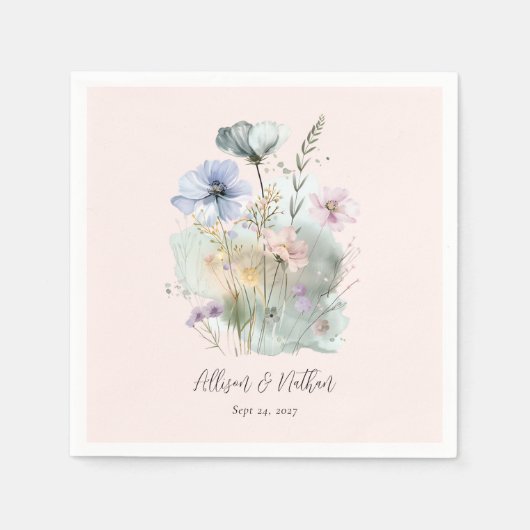 水彩ワイルドフラワーとエレガントなウェディングナプキン スタンダードカクテルナプキン (正面)