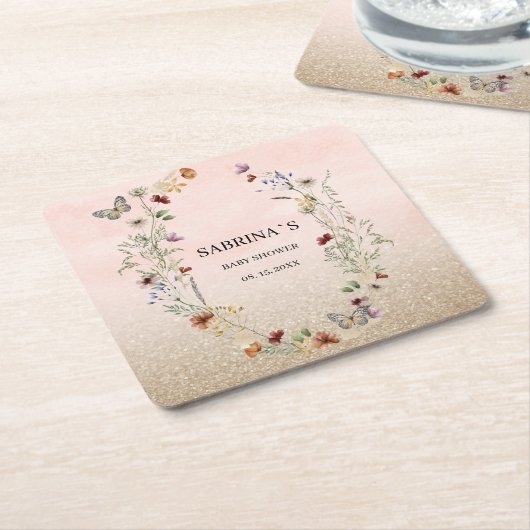水彩ワイルドフラワーと蝶の赤ちゃんシャワーPa スクエアペーパーコースター (アングル)
