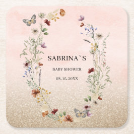 水彩ワイルドフラワーと蝶の赤ちゃんシャワーPa スクエアペーパーコースター