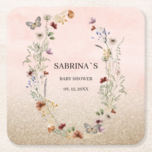 水彩ワイルドフラワーと蝶の赤ちゃんシャワーPa スクエアペーパーコースター (正面)