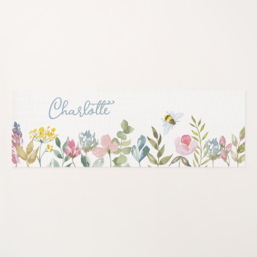 水彩ワイルドフラワーのフローラパーソナライズされた名 ヨガマット (正面(横))