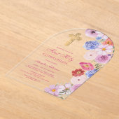 水彩ワイルドフラワーアーチファースト聖餐式 アクリル招待状 (レイダウン)