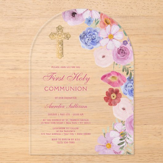 水彩ワイルドフラワーアーチファースト聖餐式 アクリル招待状 (正面)