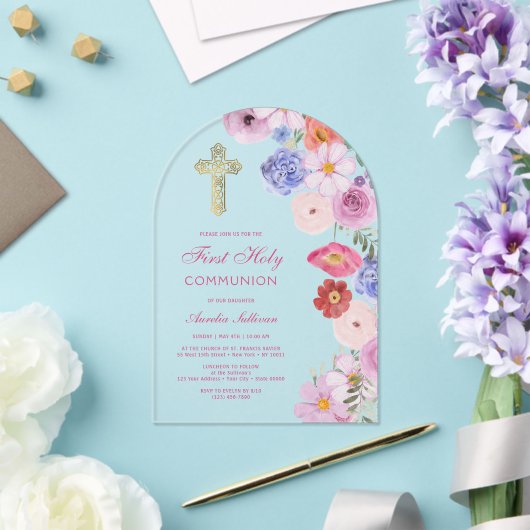 水彩ワイルドフラワーアーチファースト聖餐式 アクリル招待状 (インサイチュ (ウェディング))