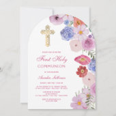 水彩ワイルドフラワーアーチファースト聖餐式 招待状 (正面)