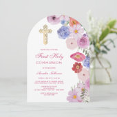 水彩ワイルドフラワーアーチファースト聖餐式 招待状 (スタンド正面)