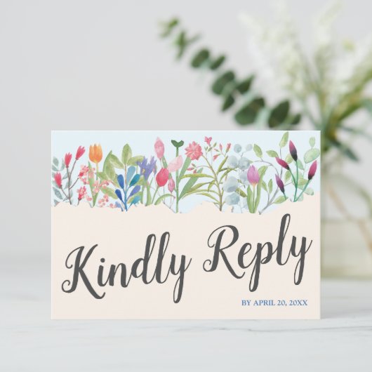 水彩ワイルドフラワーウェディングRSVPカード 出欠カード (スタンド正面)