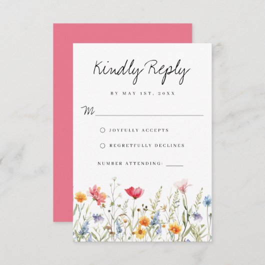 水彩ワイルドフラワーウェディングRSVPカード 出欠カード (正面/裏面)