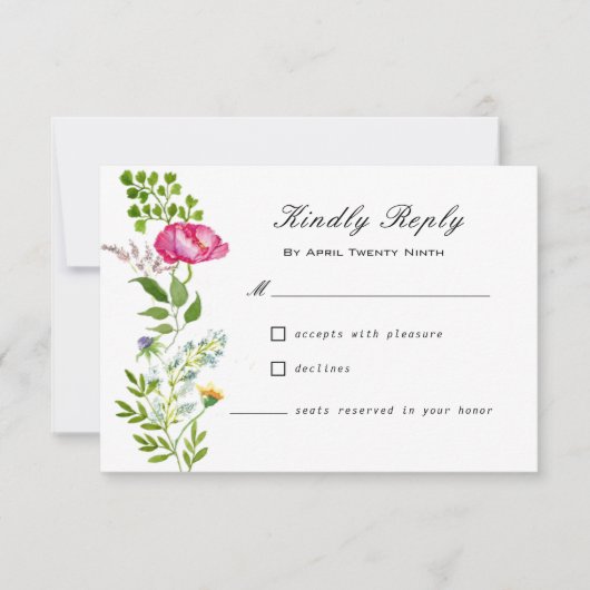 水彩ワイルドフラワーウェディングRSVPカード 出欠カード (正面)