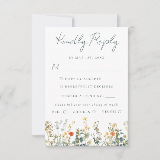 水彩ワイルドフラワーウェディングRSVPカード 出欠カード (正面)