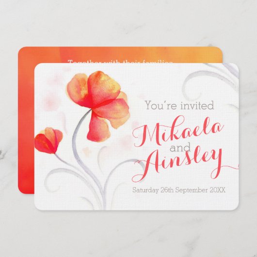 水彩ワイルドフラワーオレンジの結婚式の招待 招待状 (正面/裏面)