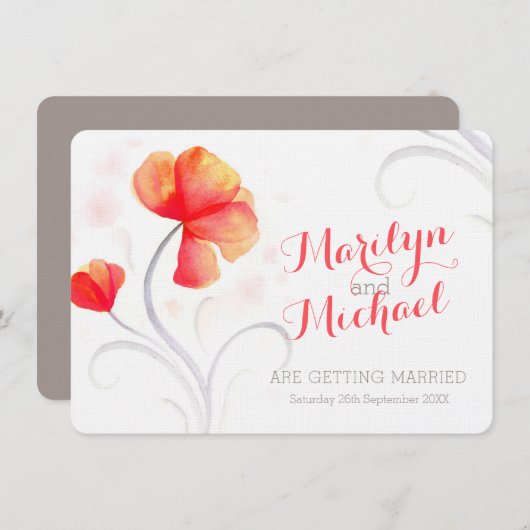水彩ワイルドフラワーオレンジの結婚式の招待 招待状 (正面/裏面)