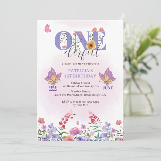 水彩ワイルドフラワーオンダーフルバタフライ誕生日 招待状 (スタンド正面)