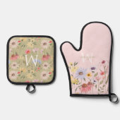 水彩ワイルドフラワーガーデンフローラ名モノグラム 鍋つかみ&鍋敷きセット (正面)
