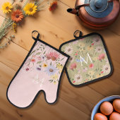 水彩ワイルドフラワーガーデンフローラ名モノグラム 鍋つかみ&鍋敷きセット