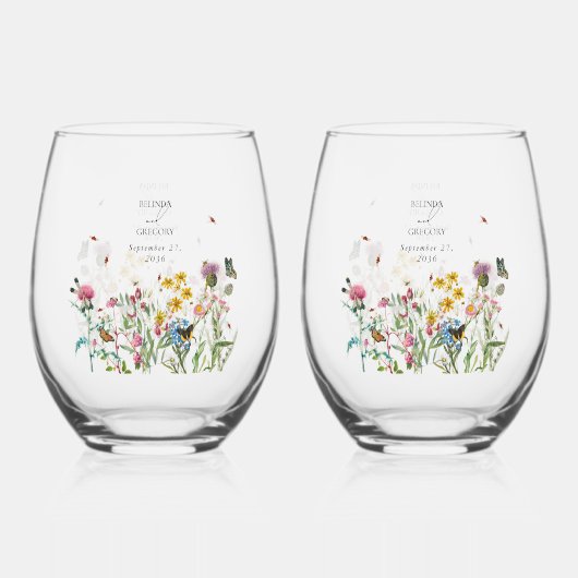 水彩ワイルドフラワーガーデン昆虫結婚式の引き出物 ステムなしワイングラス (裏面)