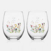 水彩ワイルドフラワーガーデン昆虫結婚式の引き出物 ステムなしワイングラス (正面)