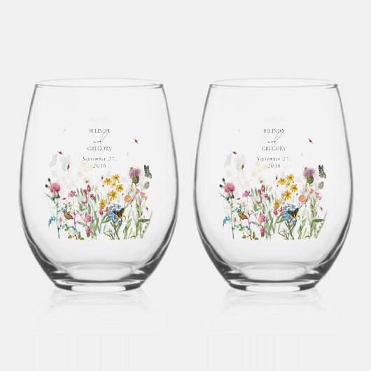 水彩ワイルドフラワーガーデン昆虫結婚式の引き出物 ステムなしワイングラス (正面)