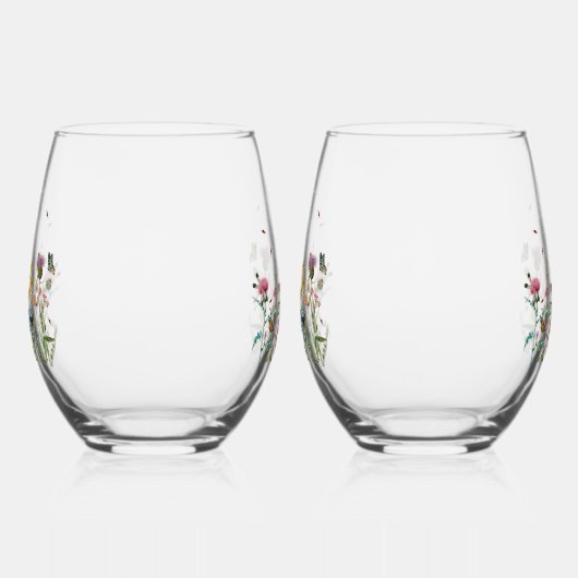 水彩ワイルドフラワーガーデン昆虫結婚式の引き出物 ステムなしワイングラス (左)