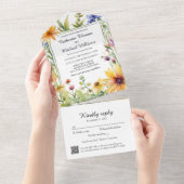 水彩ワイルドフラワーガーデン春の結婚式QRCode オールインワン招待状 (貼ってはがせる)