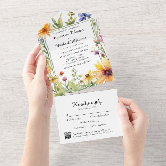 水彩ワイルドフラワーガーデン春の結婚式QRCode オールインワン招待状 (貼ってはがせる)