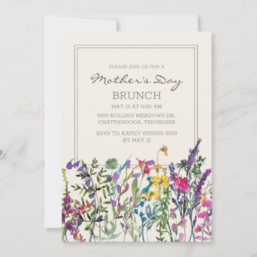 水彩ワイルドフラワークリームパープルマザーズデイ 招待状 (正面)