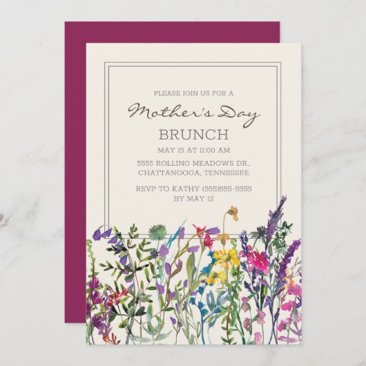 水彩ワイルドフラワークリームパープルマザーズデイ 招待状 (正面/裏面)