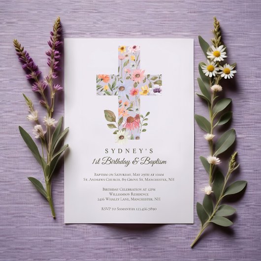 水彩ワイルドフラワークロス1st誕生日バプテスマ 招待状