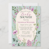 水彩ワイルドフラワーグリーンパープルベビーシャワー 招待状 (正面)