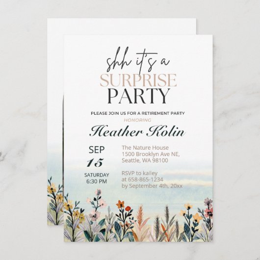 水彩ワイルドフラワーサプライズ退職パーティー 招待状 (正面/裏面)