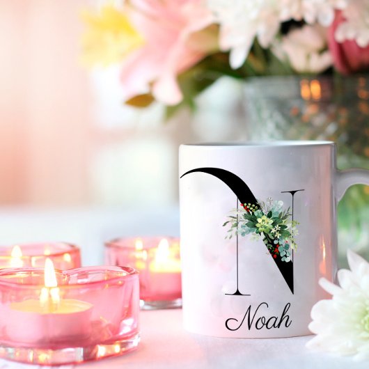 水彩ワイルドフラワーズイニシャルモノグラムコーヒーマグ コーヒーマグカップ