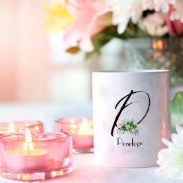 水彩ワイルドフラワーズイニシャルモノグラムコーヒーマグ コーヒーマグカップ