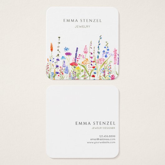 水彩ワイルドフラワーズスクエアビジネスカード (正面&裏面)