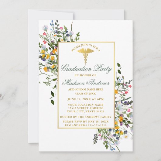 水彩ワイルドフラワーズセージ緑ナースグラードパーティー 招待状 (正面)
