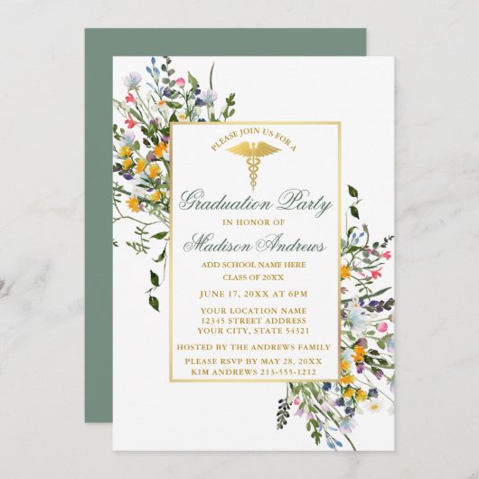 水彩ワイルドフラワーズセージ緑ナースグラードパーティー 招待状 (正面/裏面)