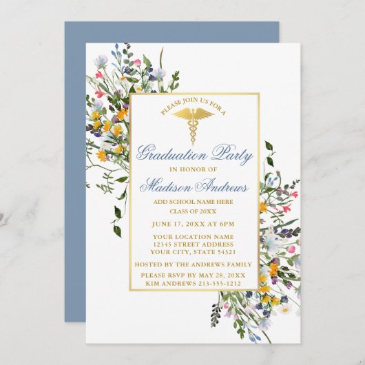 水彩ワイルドフラワーズダスティブルーナースグラードパーティー 招待状 (正面/裏面)