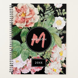 水彩ワイルドフラワーズバラブラックピンクモノグラム プランナー手帳