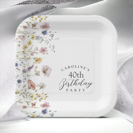 水彩ワイルドフラワーズフローラ40th誕生日パーティー ペーパープレート