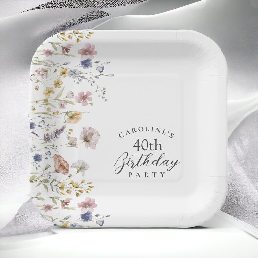 水彩ワイルドフラワーズフローラ40th誕生日パーティー ペーパープレート