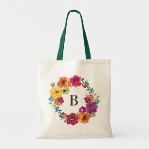 水彩ワイルドフラワーズフローラMonogram トートバッグ