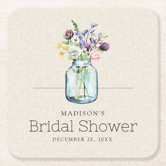 水彩ワイルドフラワーズリネンボホブライダルシャワー スクエアペーパーコースター (正面)