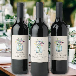 水彩ワイルドフラワーズリネンボホブライダルシャワー ワインラベル