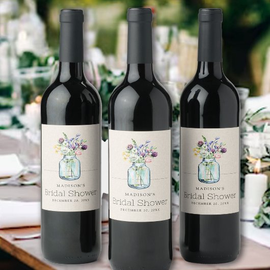 水彩ワイルドフラワーズリネンボホブライダルシャワー ワインラベル