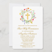 水彩ワイルドフラワーズリースファーストコミュニオン金ゴールド 招待状 (正面)