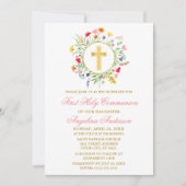 水彩ワイルドフラワーズリース金ゴールドピンク聖餐式 招待状 (正面)