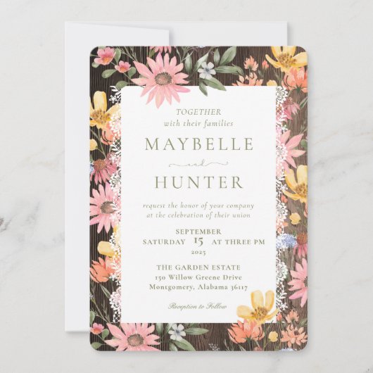 水彩ワイルドフラワーズヴィンテージレース&ウッド結婚ズ 招待状 (正面)