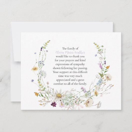 水彩ワイルドフラワーズ葬式スクリプトありがとう サンキューカード (正面)
