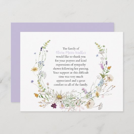 水彩ワイルドフラワーズ葬式スクリプトありがとう サンキューカード (正面/裏面)