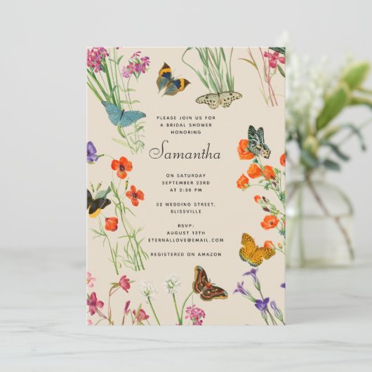 水彩ワイルドフラワーズ蝶ブライダルシャワー 招待状 (スタンド正面)